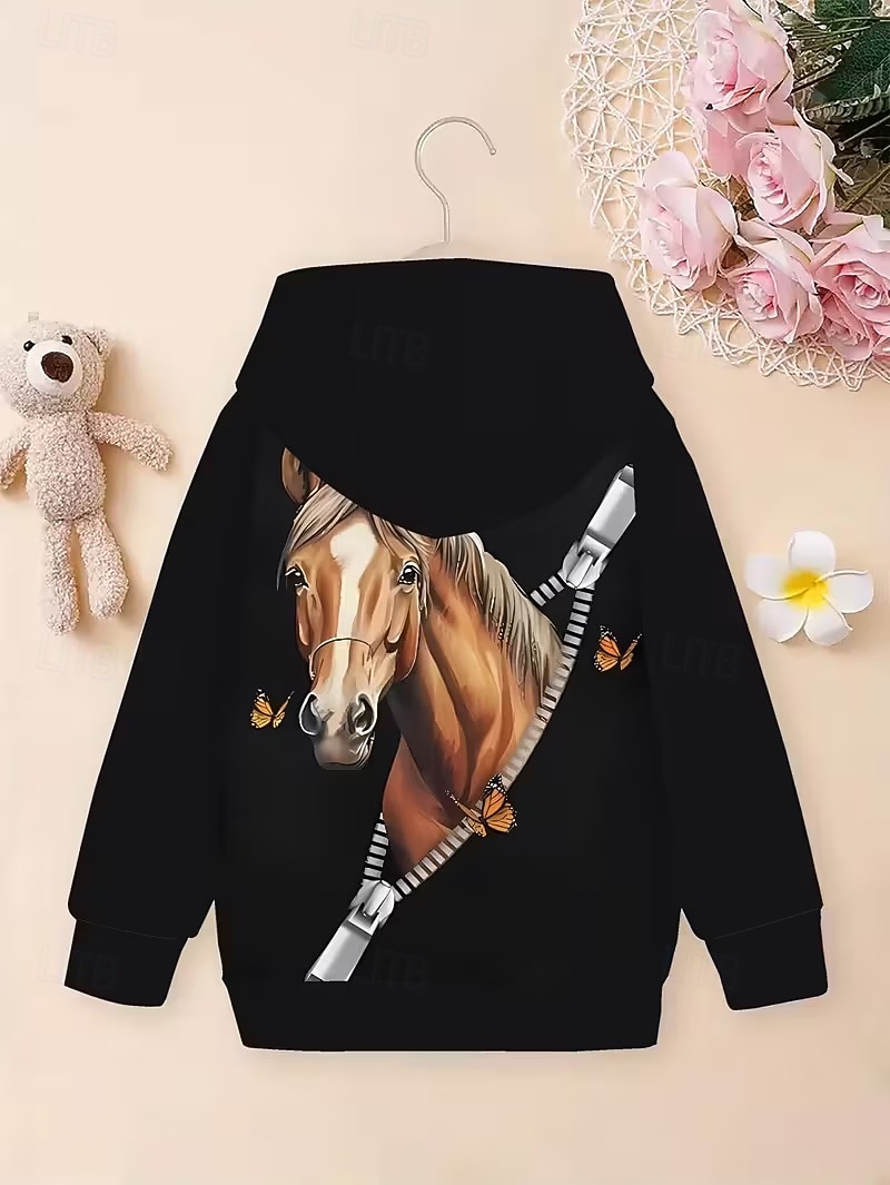 Lány 3D Grafika Állat Ló Kapucnis felsőrész Pullover Hosszú ujj 3D nyomtatás Tavasz Ősz Sportok Divat Utcai sikk Gyerekek 4-12 év Kapucni Szabadtéri Hétköznapi Napi Normál 2026 - $18.99 –P3