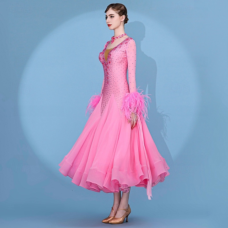 Balli da Sala Vestito Pieghe Giunzione Cristalli / Strass Per donna Performance Allenamento Manica Lunga Alto Spandex Chiffon Rete del 2026 a $950.09 –P2