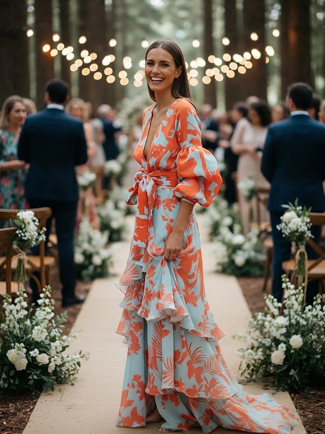 Vestido de Convidada de Casamento em Comprimento de Chão com Mangas Longas e Decote em V Vestido de Mãe da Noiva Vestido de Festa com Estampa de 2026 por $91.99 –P1