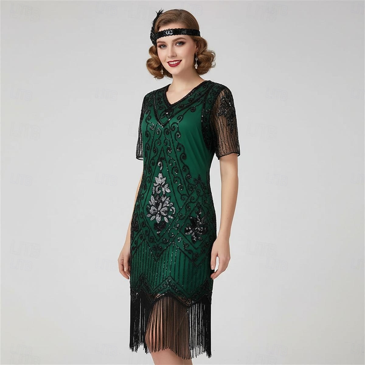 Anni Ruggenti Anni 1920 Lunghezza al ginocchio Vestito Abito Flapper Abito da Ballo Maniche corte Il grande Gatsby Charleston Invitato al matrimonio Paillettes Frangia con nappe Scollo a V Costume del 2026 a $34.99 –P5