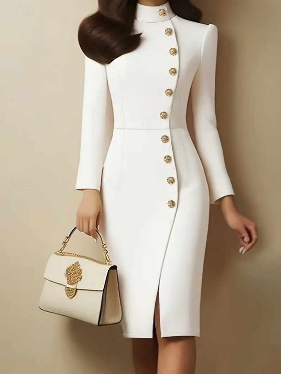 Mulheres Minivestido Vestido da bainha Vestido Bodycon Vestidos Semi-Formais Escritório Normal Tecido Manga Longa Gola Alta Preto Branco Primavera Outono de 2026 por $13.99 –P2