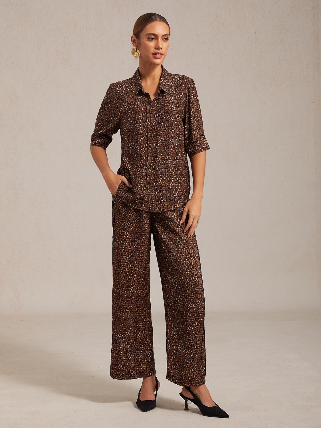 viskosesilke elastisk midje rynkete leopardprint rette bukser på ferie 2025 - $103.99 –P5