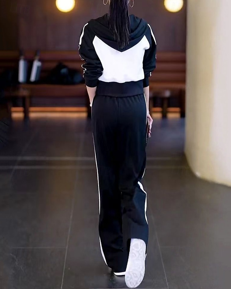 نسائي سويت شيرت بسحاب بنطلون واسع الساق بدلة رياضية من قطعتين رباط ألوان متناوبة أطقم ملابس رياضية الخريف أسود أبيض المشي لمسافات طويلة مهنة ركض كم طويل رياضة ألبسة رياضية مرن نسبياً عادي 2026 - $39.99 –P16