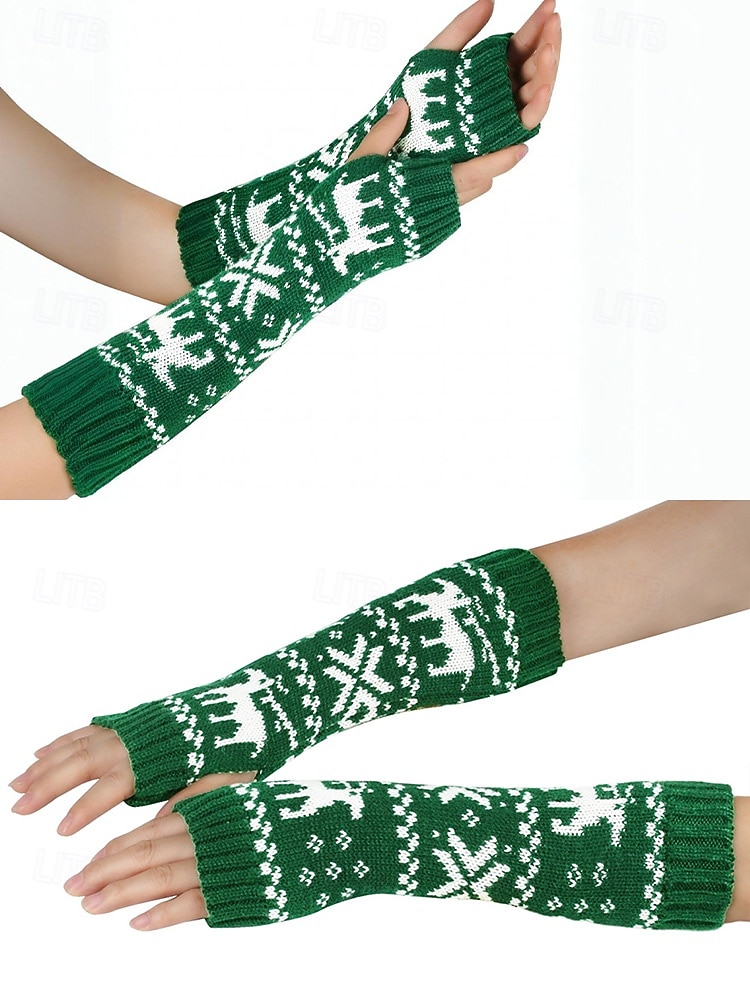 Stickade fingerlösa julvantar för kvinnor, röda och vita Fair Isle-renmönster, julvantar för vinterfester och festliga evenemang 2026 - $7.99 –P4