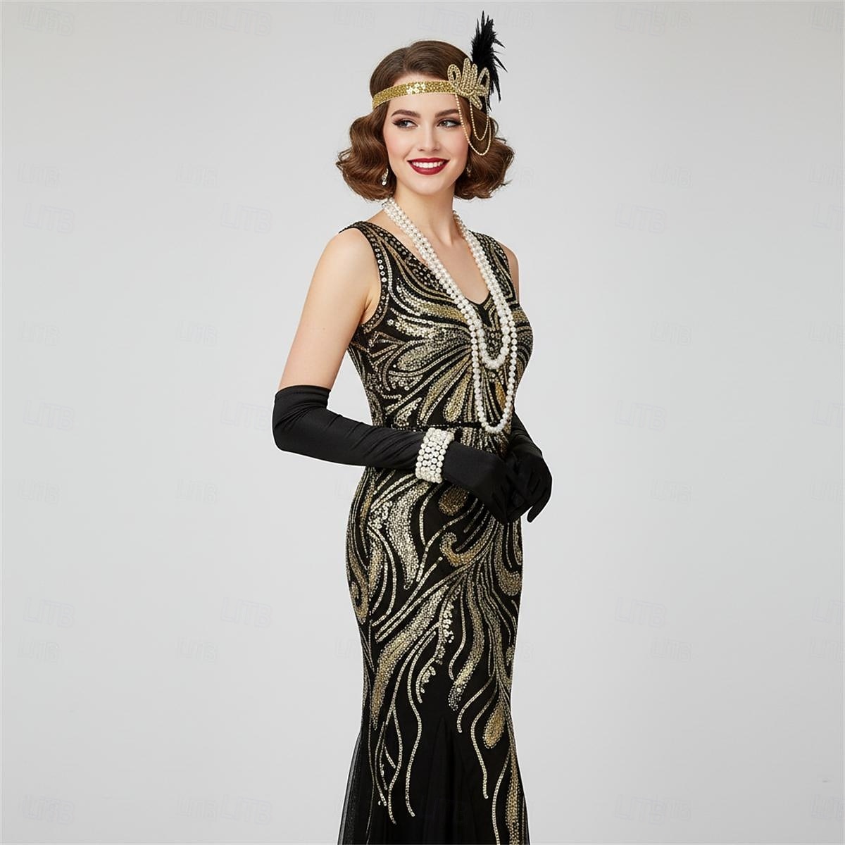 Set Anni Ruggenti Anni 1920 Lunghezza alla caviglia Vestito Abito da sera Abiti con accessori Senza maniche Il grande Gatsby Charleston Invitato al matrimonio Paillettes Piuma Scollo a V Costume Per del 2026 a $83.99 –P1