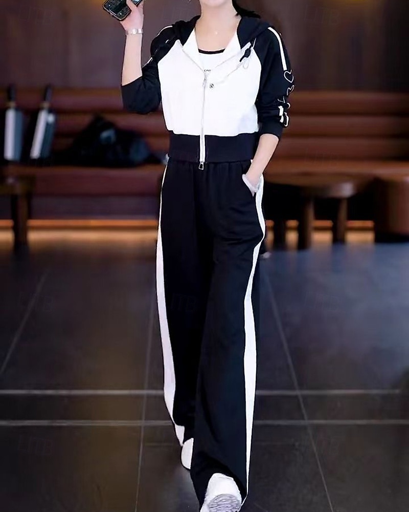 نسائي سويت شيرت بسحاب بنطلون واسع الساق بدلة رياضية من قطعتين رباط ألوان متناوبة أطقم ملابس رياضية الخريف أسود أبيض المشي لمسافات طويلة مهنة ركض كم طويل رياضة ألبسة رياضية مرن نسبياً عادي 2026 - $39.99 –P12