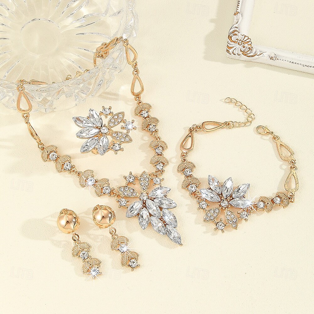 Dámská sada tří křišťálových šperků - třpytivý náhrdelník s kamínky, náušnice &náramek, elegantní růžovo-zlaté svatební doplňky pro svatbu &večírky 2026 - $11.99 –P2