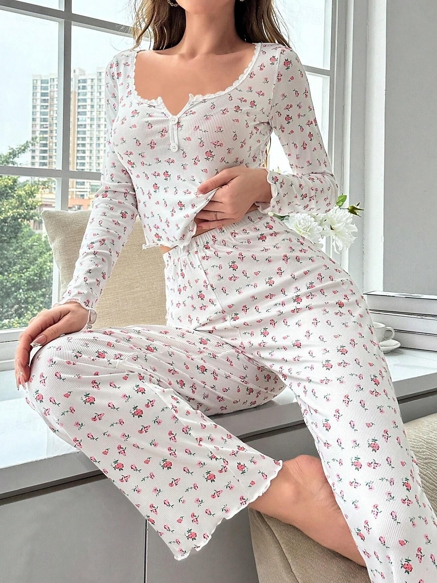 Dame Pyjamas Sett Fritid Komfort Blomstret Elastisk midje Bukse Hjem Daglig Langermet U-hals Hvit Gul Rosa Lilla Vår Høst Normal 2026 - $21.99 –P12