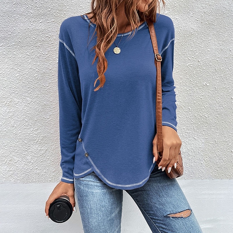 Women's Blouse Buttons Plain Tropical Stylish Casual Long Sleeve Crew Neck Regular Tops Daily Holiday Going out Navy Blue Light Grey Light Blue Fall Winter 2026 - $21.99 –P5