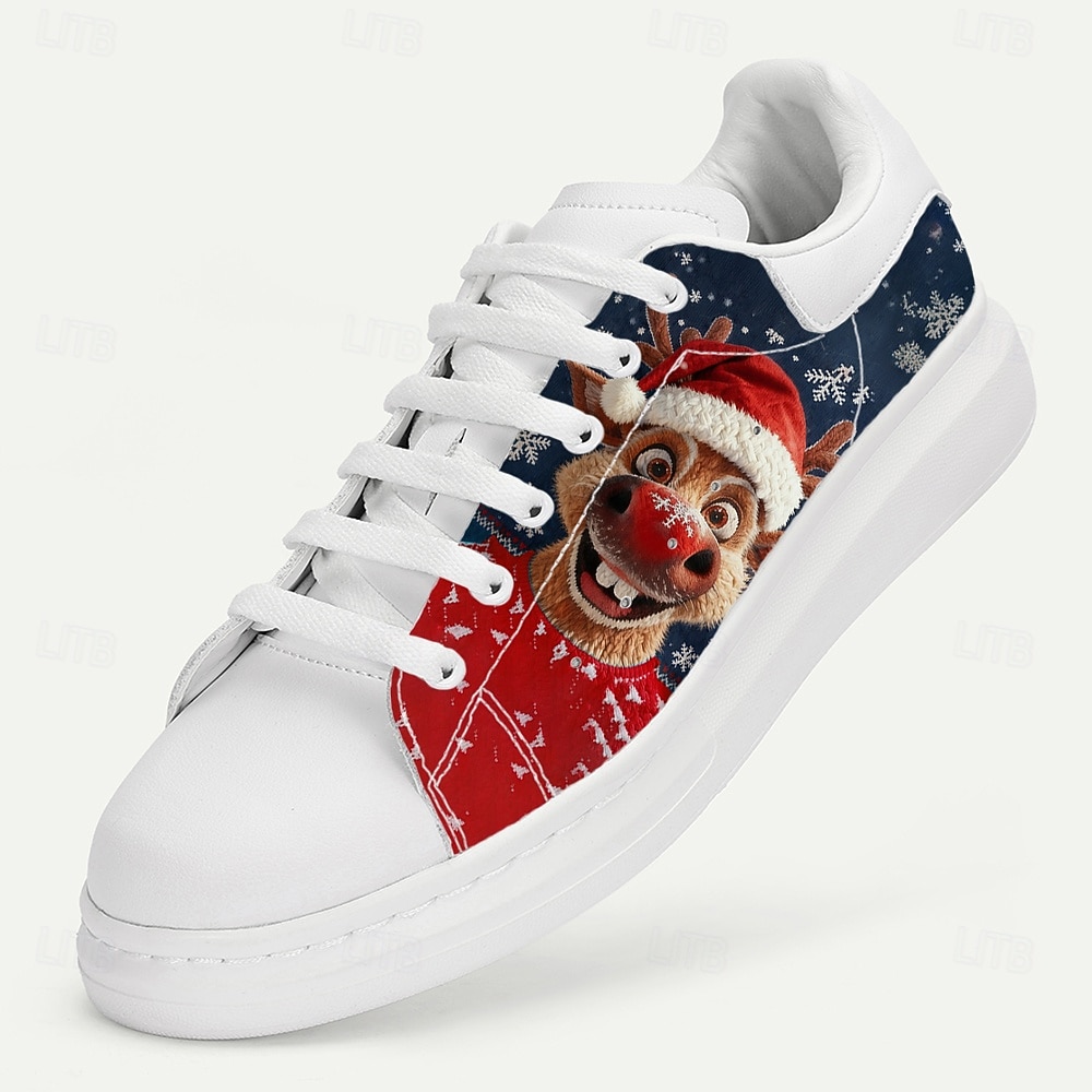 Men's White Christmas Sneakers with Santa and Dog Design - Trendy Footwear for Festive Occasions and Christmas Parties 2026 - $54.99 –P7