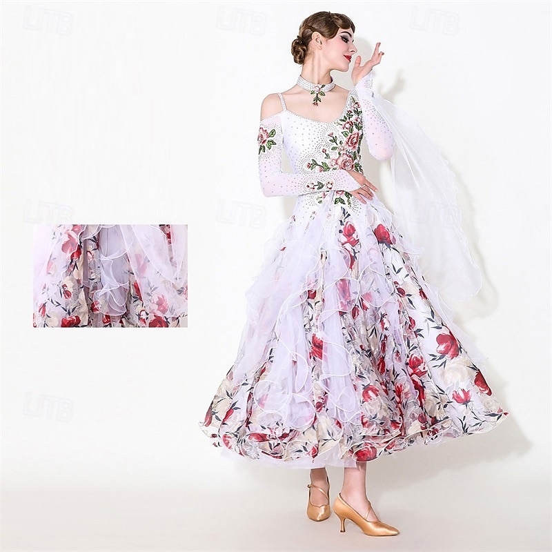 Vestido feminino para competição de dança de salão latina - estampa floral romântica &vestido de dança moderna com saia de babados de 2026 por $378.29 –P3