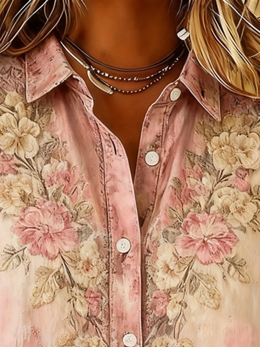 Damen Hemd Knöpfe Druck Blumen Bohemien Vintage Lässig Langarm Hemdkragen Normale Oberteile Täglich Rosa Frühling Herbst Winter 2026 - $34.99 –P2