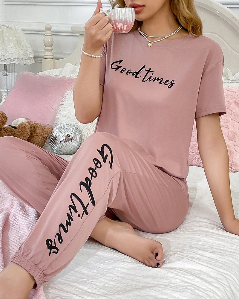 Dame Pyjamas lounge Flanell Varm Mote Grafisk Elastisk midje Bukse Hjem Daglig Seng Kortermet Crew-hals Rosa Sommer Høst Vinter Løstsittende 2025 - $23.99 –P2