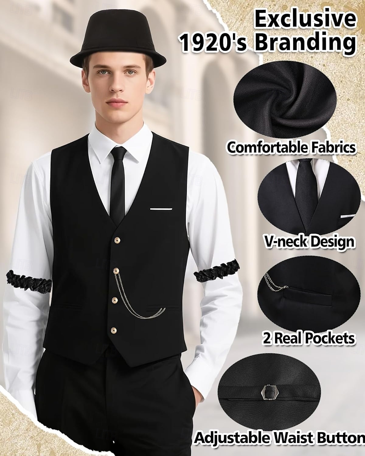 Setti Möly 20s 1920-luku Retro / vintage Asut Liivi Liivit lisävarusteiden kanssa Suuri Gatsby Herrasmies Muoti Naamiaispuku Miesten Halloween Karnevaali Naamiaiset Tanssiaiset Tyttöjen polttarit 2026 - $47.99 –P4