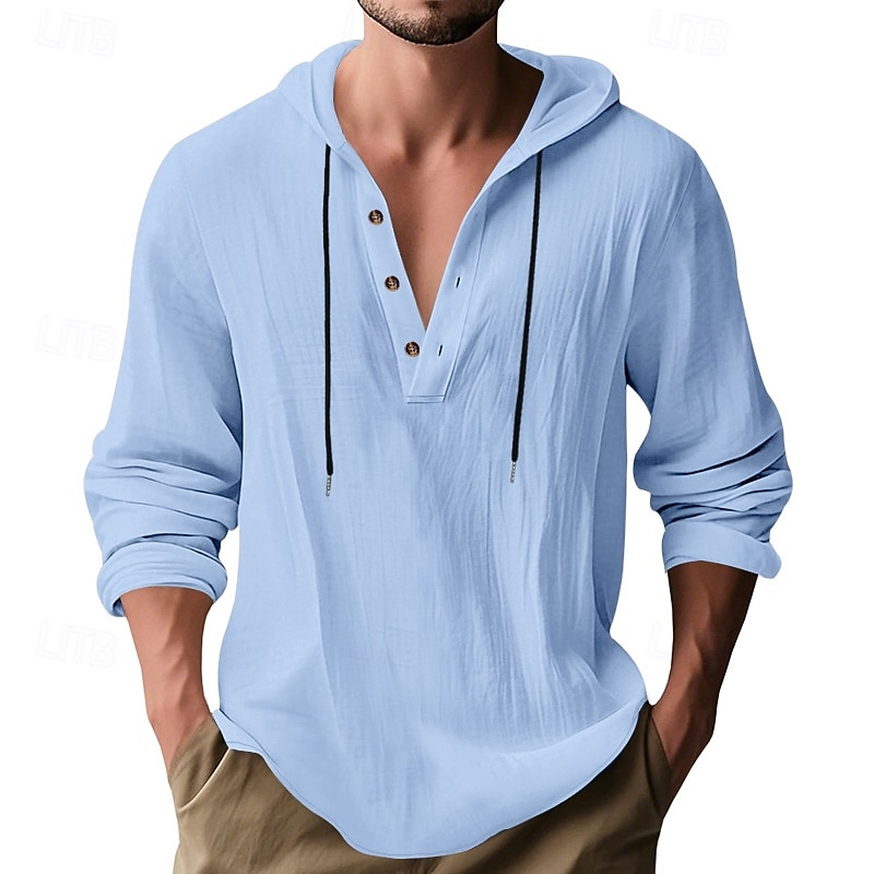 Men's Shirt Popover Shirt Summer Shirt Casual Shirt Beach Shirt Black White Yellow Navy Blue khaki Long Sleeve Solid Color Hooded Vacation Casual Drawstring Clothing Apparel Fashion Casual Comfortable 2026 - $28.99 –P19
