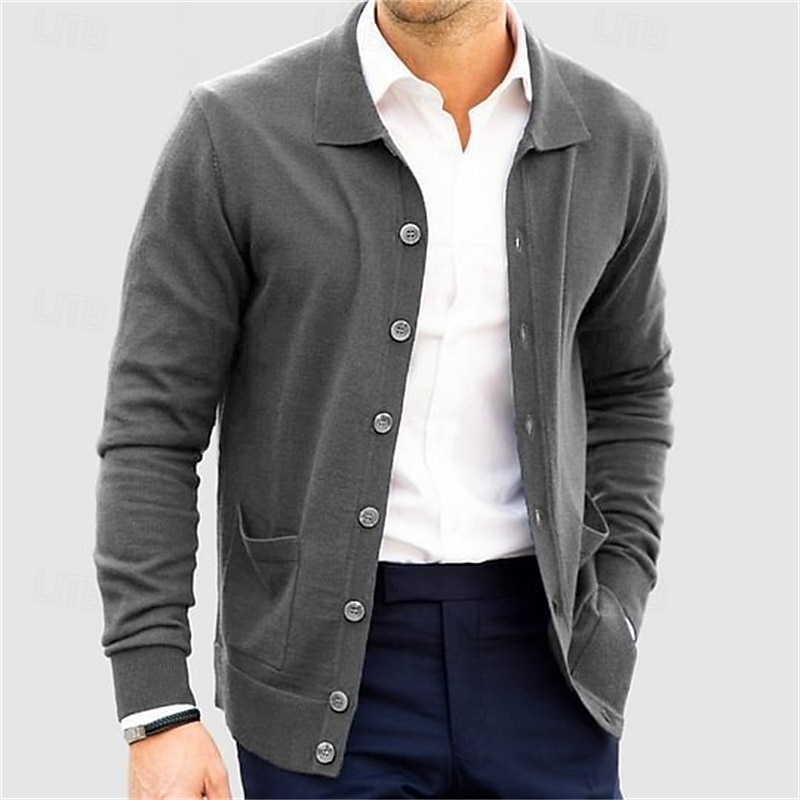 Men's Sweater Cardigan Sweater Ribbed Knit Regular Tops Knitted Plain Turndown Vacation Fashion Casual Office Clothing Apparel Spring &  Fall Navy Blue S M L 2026 - $36.99 –P3