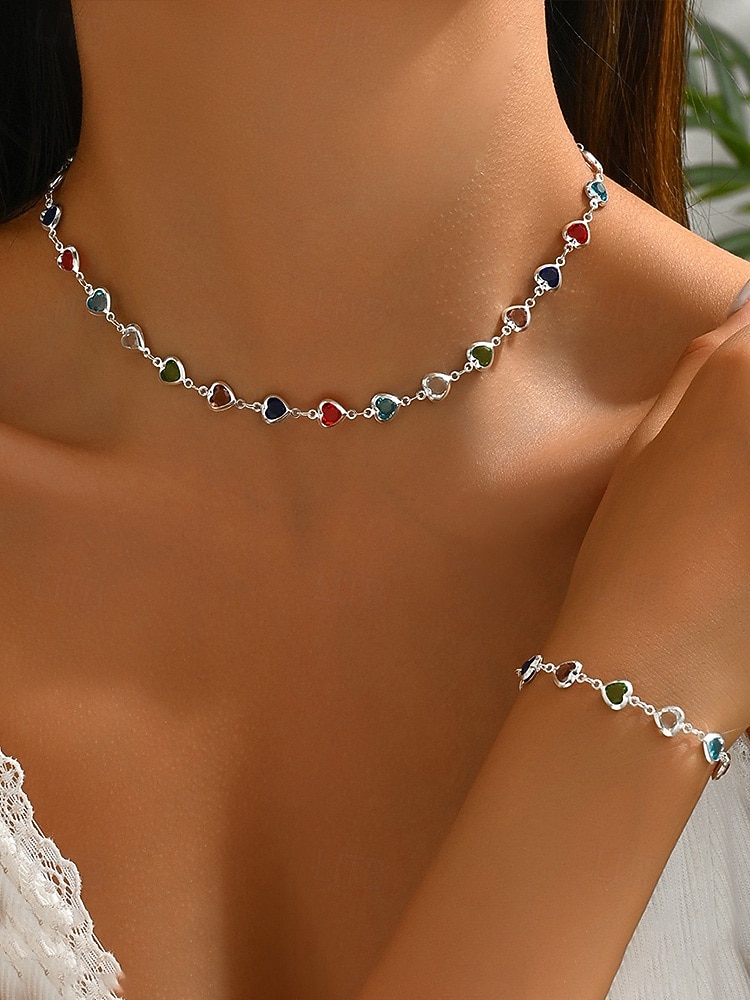 Conjunto de colar e pulseira com pingente em formato de coração, feito de liga metálica, disponível em diversas cores – acessório perfeito para o Natal e Dia dos Namorados. de 2026 por $11.99 –P6