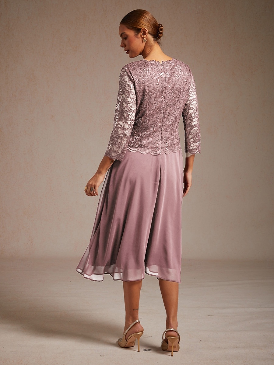 Női Midi ruha Sifon ruhák Elegáns Estély Esküvői vendég Flitter Csipke Normál Tömör szín Háromnegyedes Terített nyak Arcpír rózsaszín 2026 - $135.99 –P2