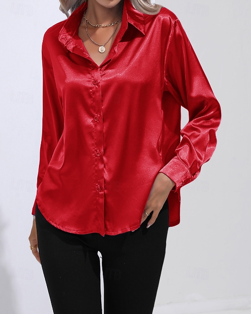 Femmes Chemise Elegant Haut en satin Chemisier Boutons Uni Élégant ancien manche longue Col de chemise Hauts Réguliers Fête Sortir Jaune Rouge Bleu Roi Rose Gris Été Printemps de 2026 ? $25.99 –P14