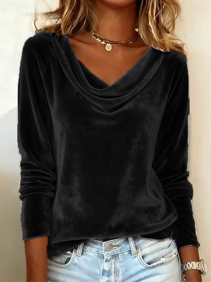 Damen Samt Geschichtet Elegant Stilvoll Basic Langarm Wasserfallausschnitt Normale Oberteile Blau Schwarz Gelb Wein Grün Frühling Herbst Winter 2026 - $22.99 –P3