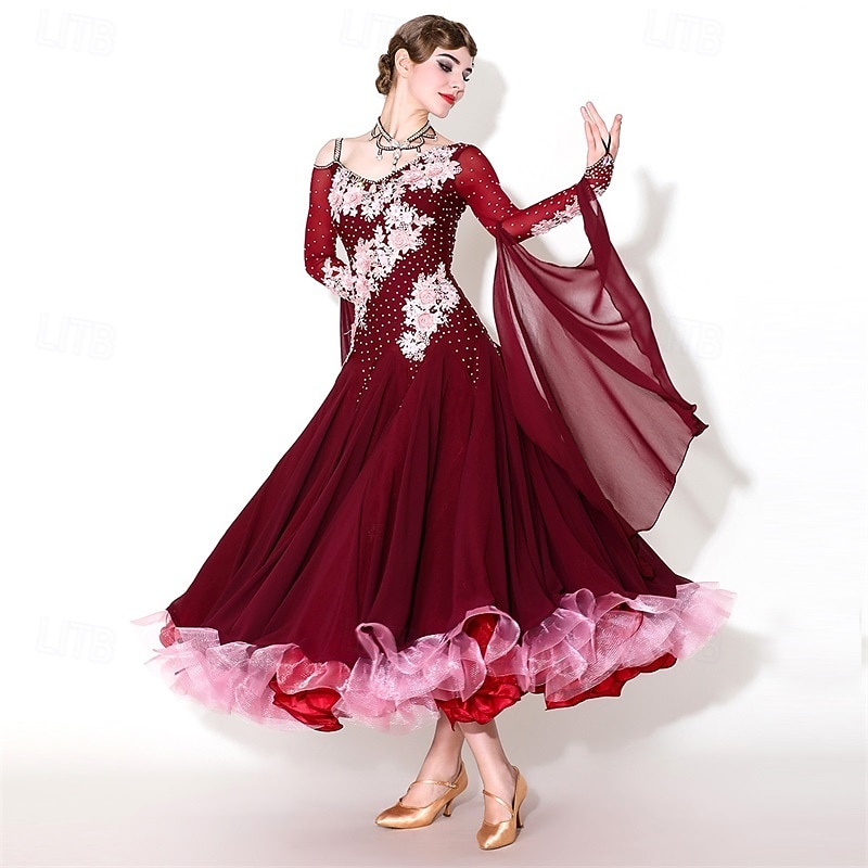 Women's Elegant Ballroom Dance Dress Rhinestone Floral Applique Waltz Tango Modern Rumba Competition Performance Gown Maroon 2026 - $434.59 –P1