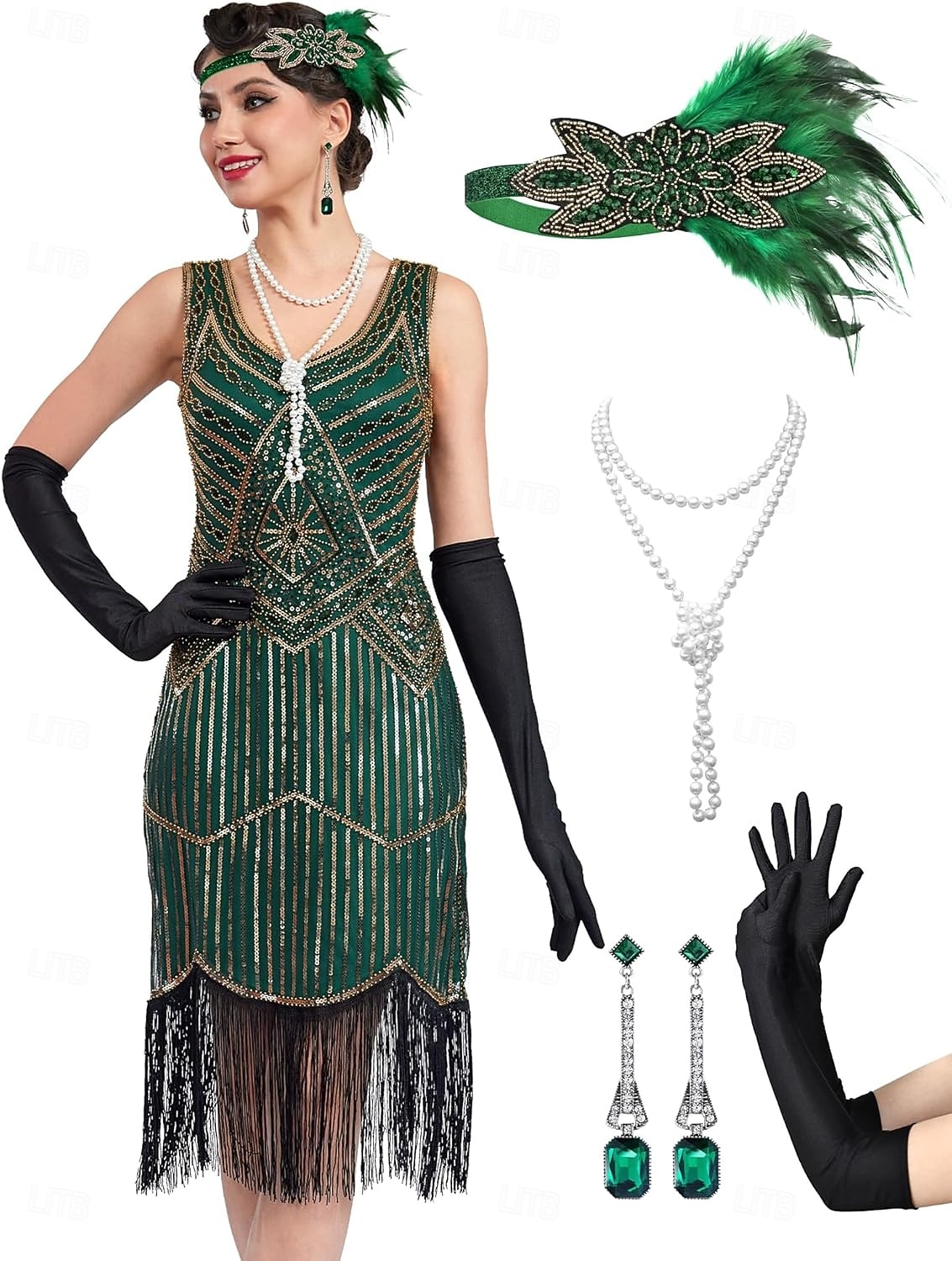 Conjunto Loucos anos 20 Anos 20 Até os Joelhos Vestidos Vestido melindroso Roupa com acessórios Sem Mangas O Grande Gatsby charleston Paetês Franjas Pena Decote V Fantasia Mulheres Carnaval Ano Novo de 2026 por $69.99 –P6