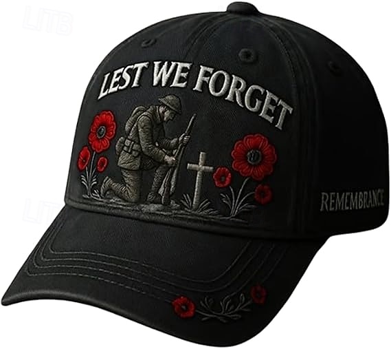 Cappello commemorativo "Lest We forget", berretto ricamato con fiori di papavero per veterani, tributo militare ed eroi caduti. del 2026 a $21.99 –P2