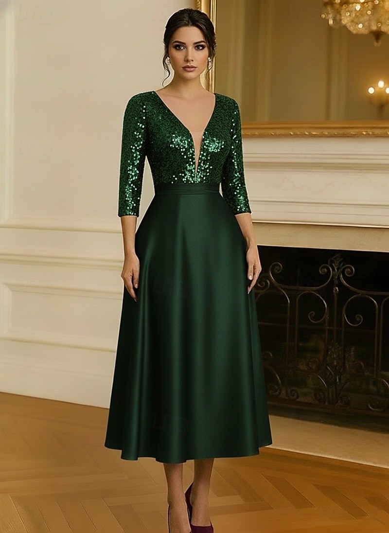 A-Line Tea Length Cocktail Dresses Party Dresses Flared Dress Elegant 3/4 Length Sleeve V Neck Garden Party Wedding Satin with Sequin 2026 - $172.99 –P1