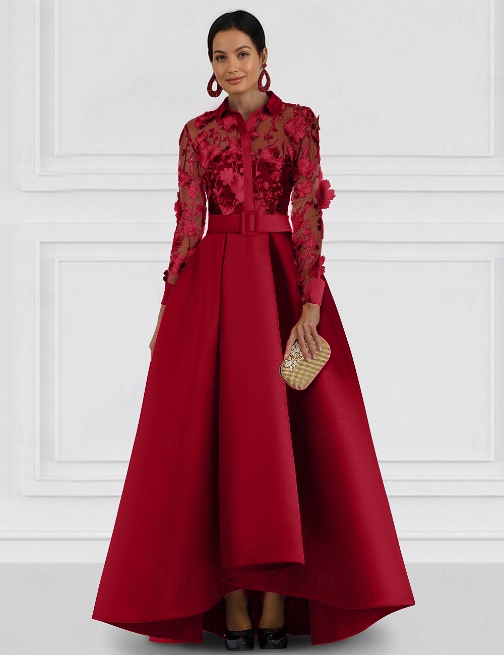 A-Line Floor Length Evening Gown Ball Gown Formal Dress Elegant Long Sleeve Shirt Collar Formal Holiday Pocket Satin Lace with Embroidery 2026 - $175.99 –P1