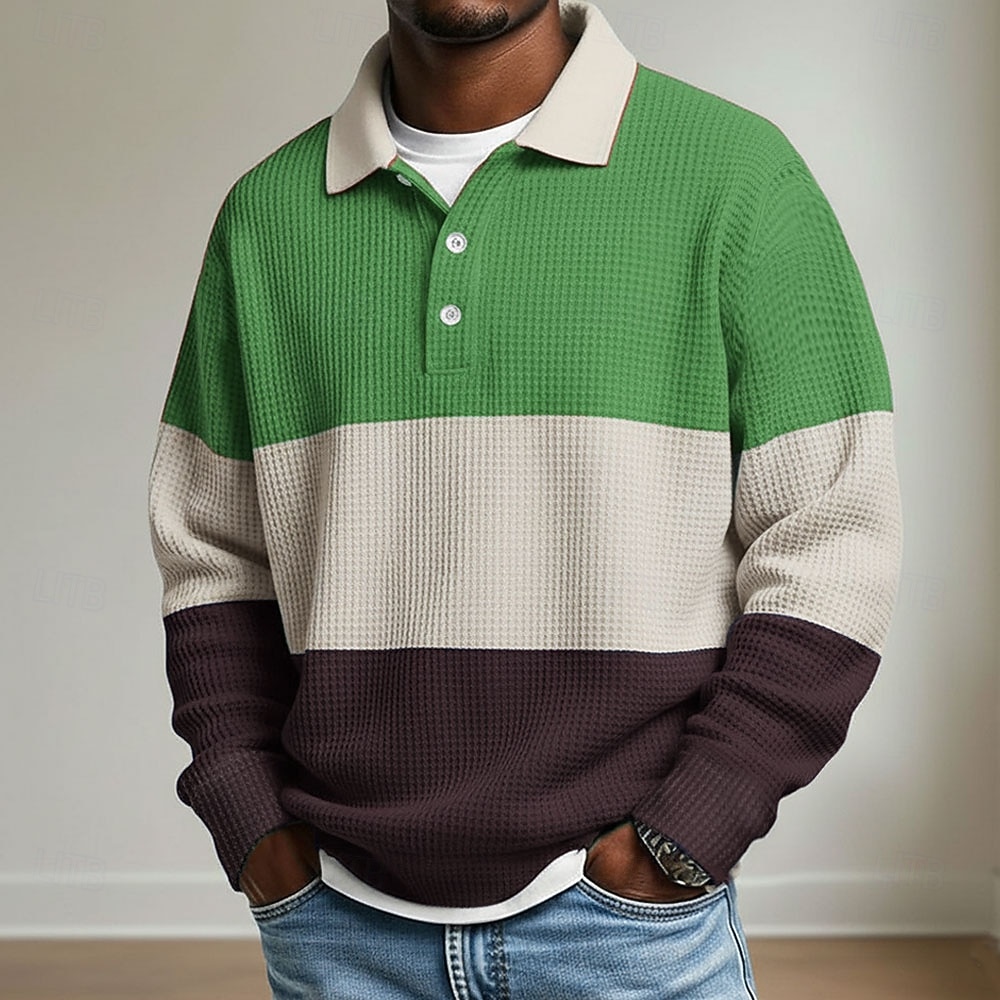 Per uomo A righe Magliette Polo a Nido d'Ape Polo da rugby Manica Lunga Magliette polo Camicie con Colletto Casual Athleisure Abbigliamento quotidiano Bottoni Primavera Autunno Inverno Blu Rosso del 2026 a $26.99 –P3