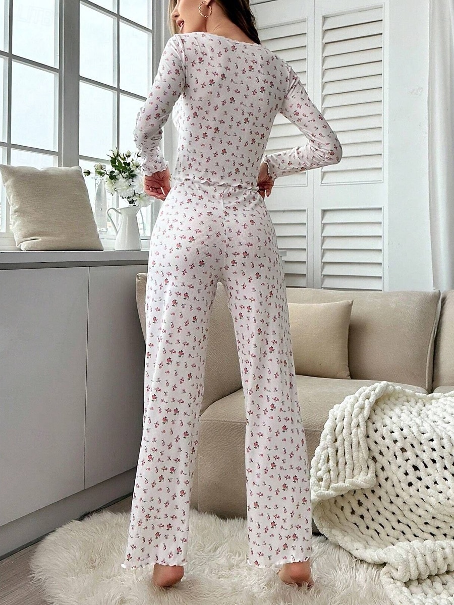 Dame Pyjamas Sett Fritid Komfort Blomstret Elastisk midje Bukse Hjem Daglig Langermet U-hals Hvit Gul Rosa Lilla Vår Høst Normal 2026 - $21.99 –P10
