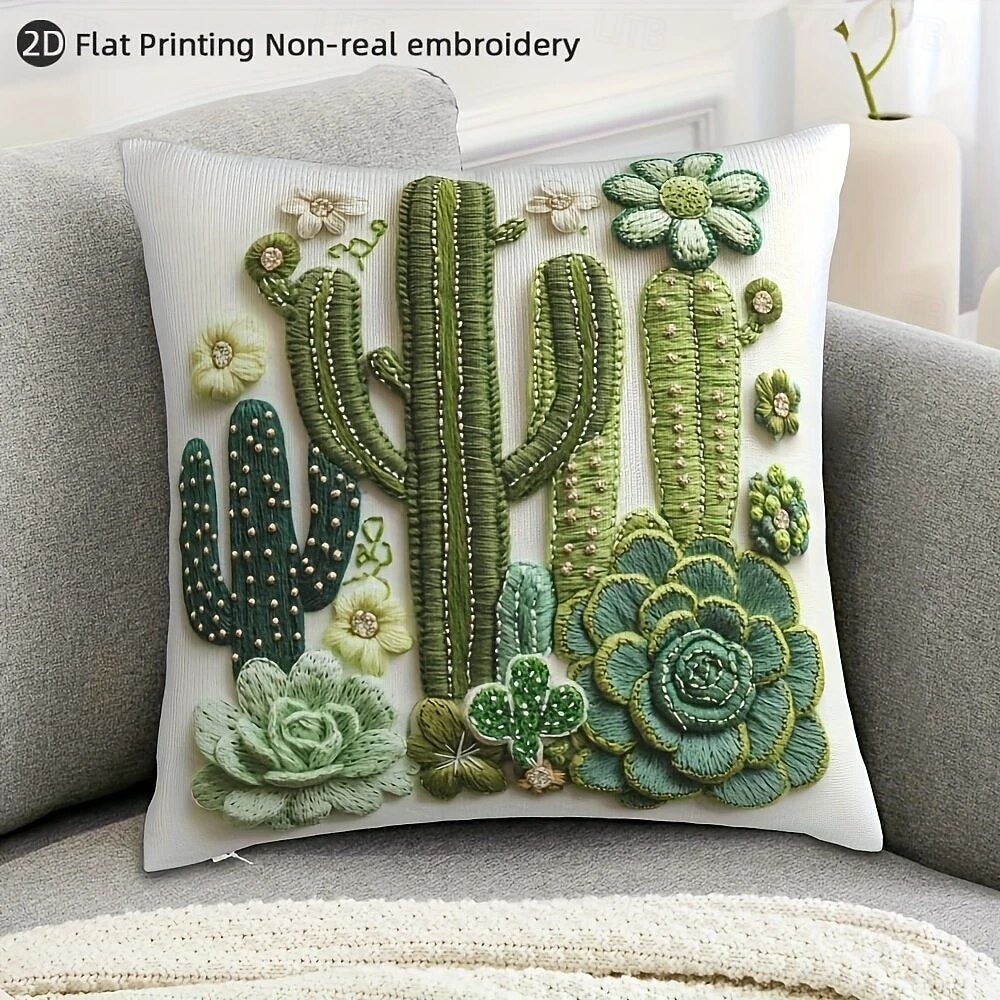 Vintage Style Pillow Cover with 2D Flat Print Cactus and Potted Plant Design Single-Sided 18 Inch Cushion Case Decorative Throw Pillow for Sofa Home Decor 2026 - $9.99 –P1