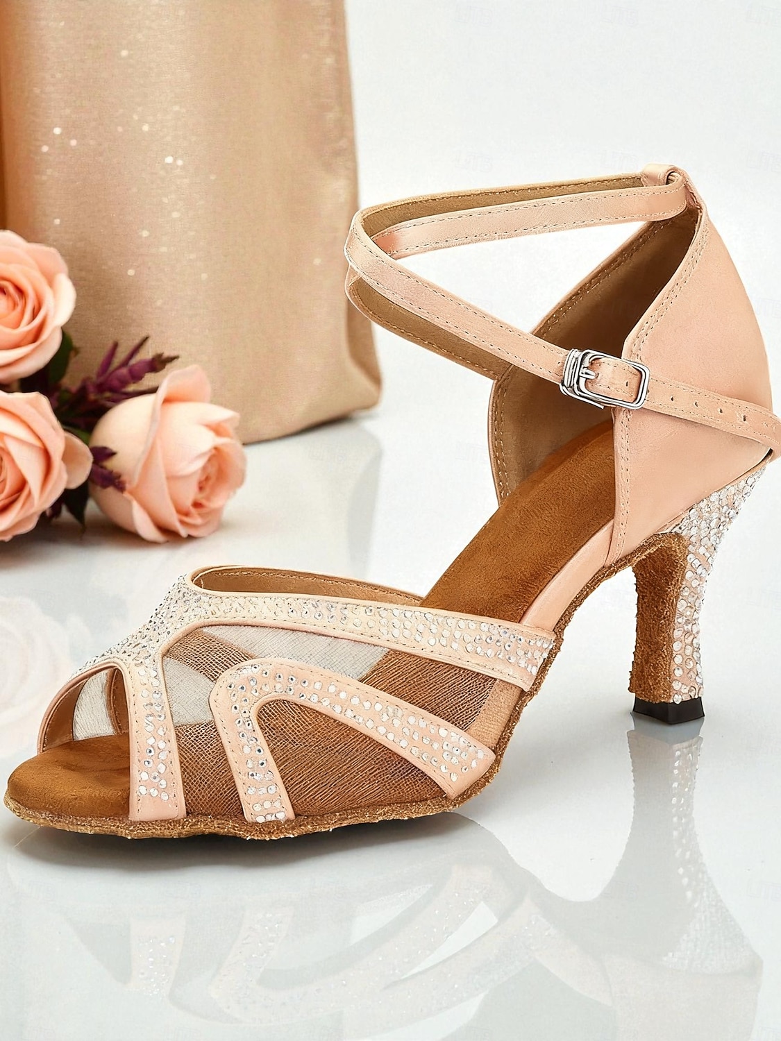 Scarpe da ballo da sala da donna con strass - tacchi latini aperti in rete con tacco basso a blocco, stile festa scintillante per salsa, tango &eventi di danza formale del 2026 a $64.99 –P3