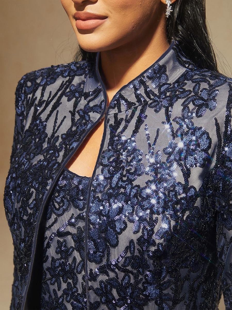 2026年 女性用 ブラウス 2 ピースの衣装 ドレッシーなトップス スパンコール 刺繍 フラワー エレガント 七分袖 スタンドカラー レギュラートップス パーティー ネイビーブルー 春 秋 冬  コレクション – $119.99 –P3