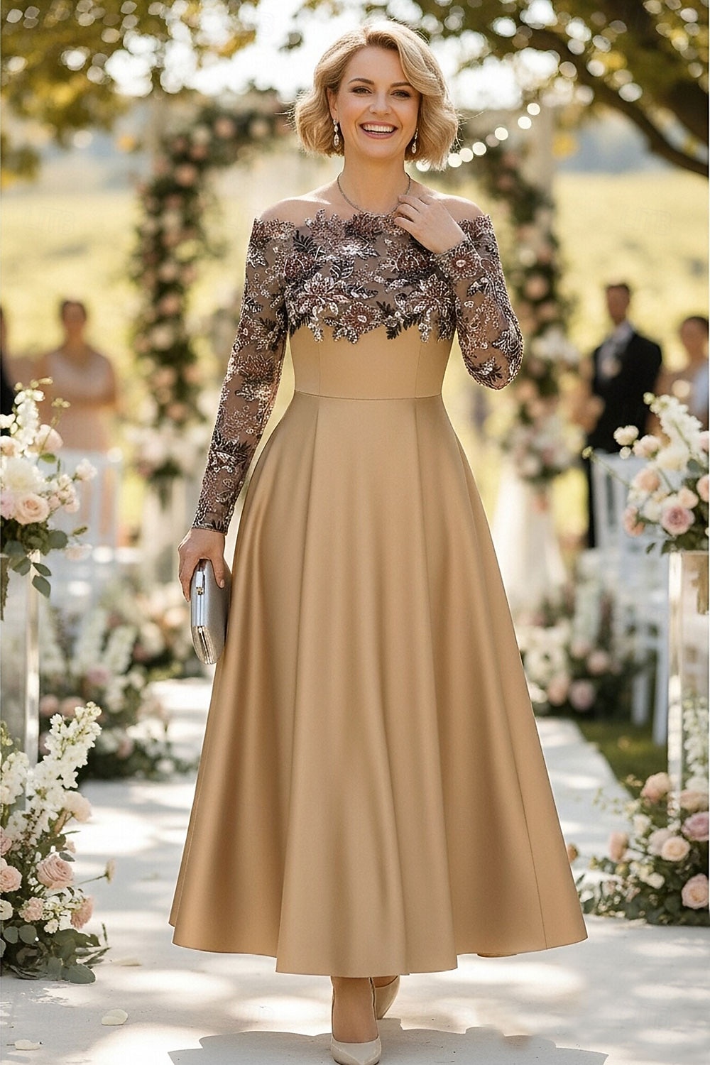 Two Piece A-Line Ankle Length Beaded Eembroidered Party Dress Cocktail Dress Mother of the Bride Dress Long Sleeve Strapless Off Shoulder Elegant Sparkle & Shine Formal Wedding Guest Semi Formal Satin 2026 - $197.99 –P1