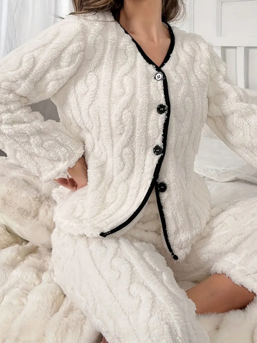 Γυναικεία Σετ Πυτζάμες Καθημερινό Ανατομικό Μονόχρωμες Ελαστική μέση Παντελόνι Σπίτι Καθημερινά Μακρυμάνικο Λαιμόκοψη V Λευκό Ανθισμένο Ροζ Άνοιξη Φθινόπωρο Χειμώνας Κανονικό 2026 - $31.99 –P4