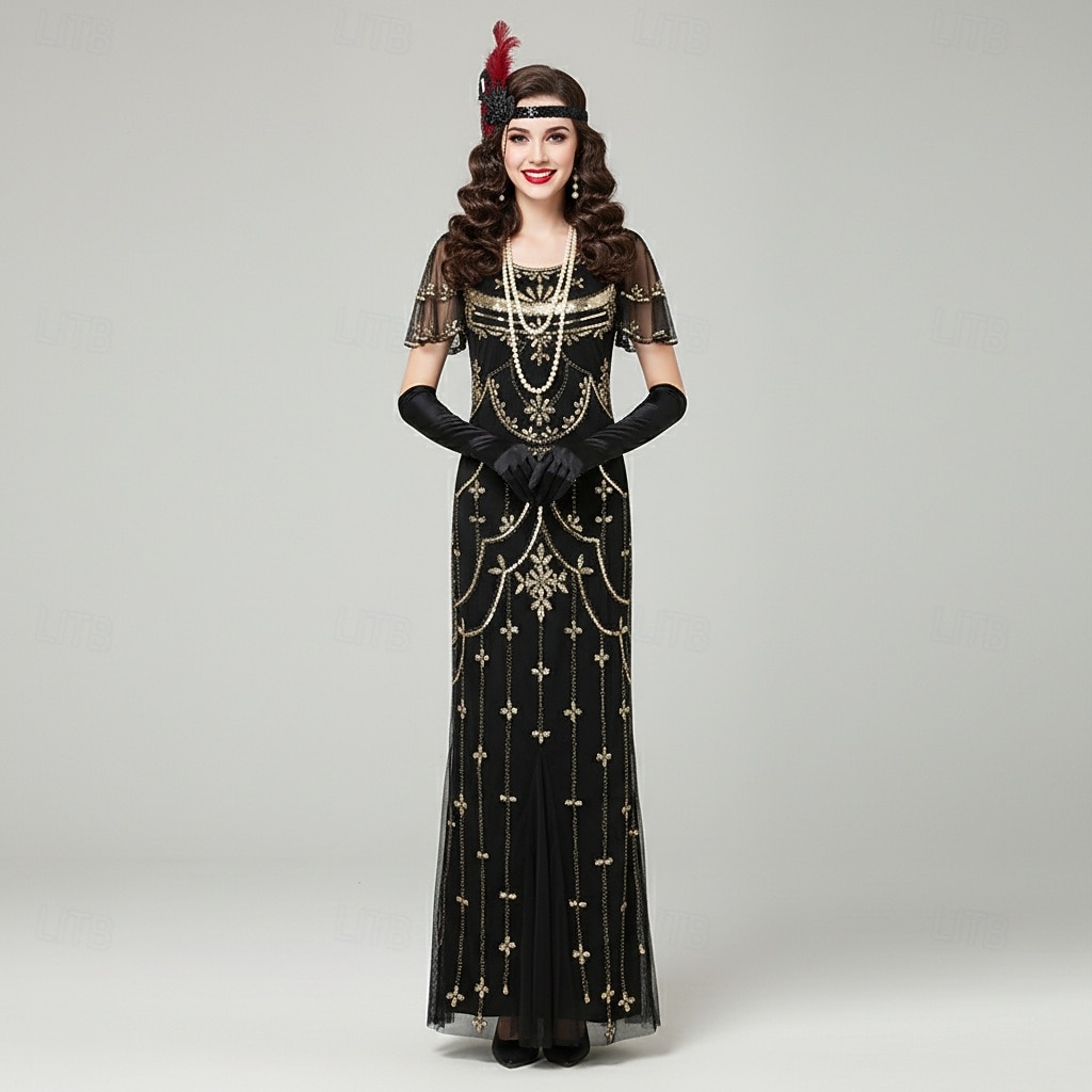Set Anni Ruggenti Anni 1920 Lunghezza alla caviglia Vestito Abito da sera Abiti con accessori Maniche corte Il grande Gatsby Charleston Invitato al matrimonio Piuma Scollo a V Costume Per donna del 2026 a $85.99 –P7