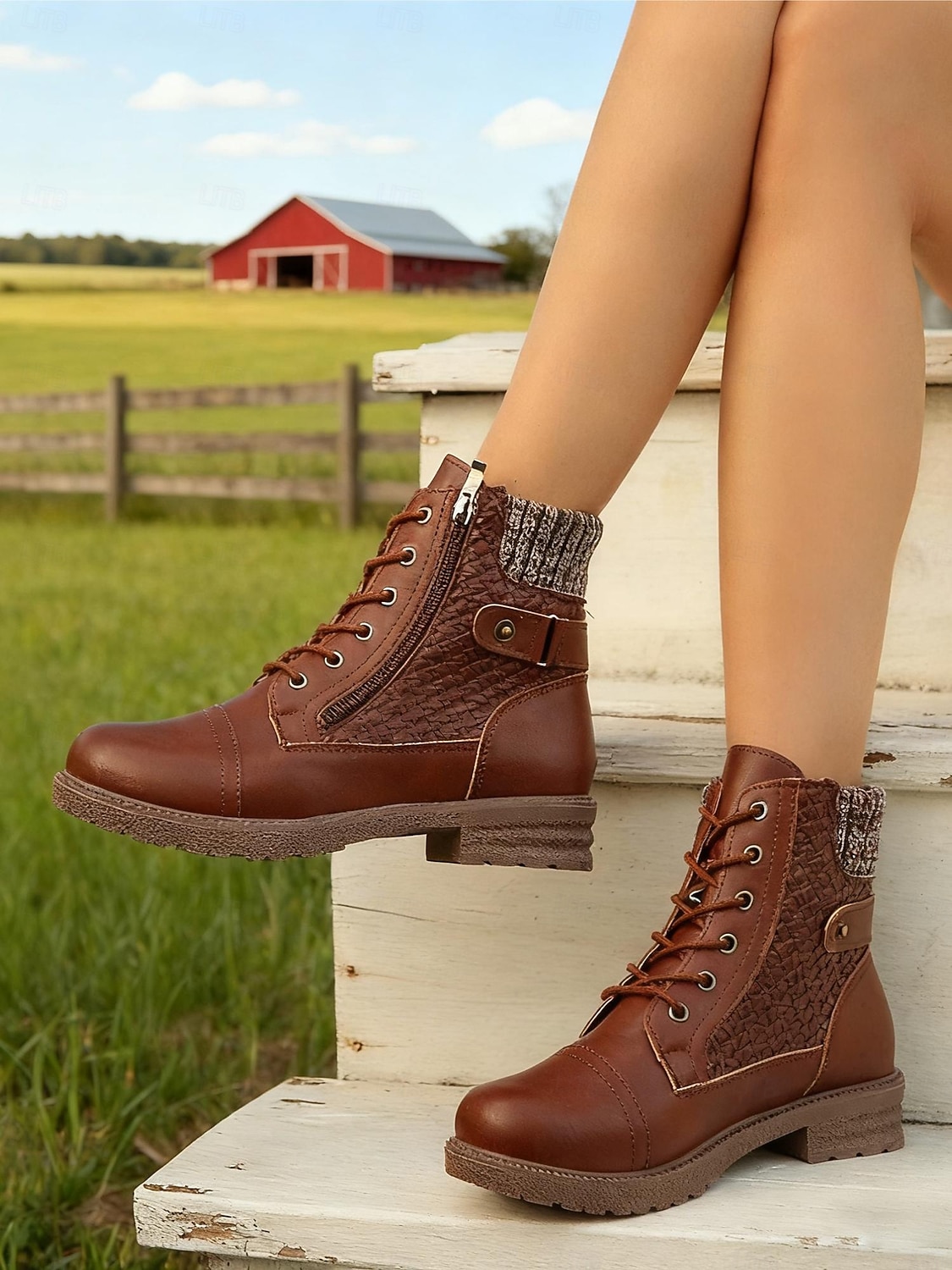 Botines marrones de mujer con cordones y detalles de punto – botas elegantes y duraderas para paseos al aire libre, trabajo y salidas informales. 2026 - $46.99 –P2