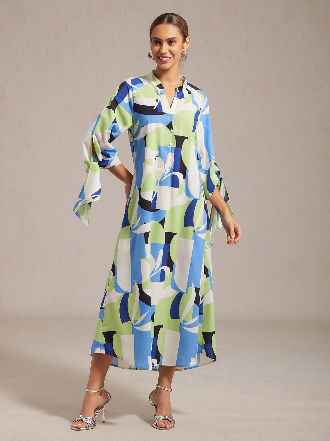 green geometric maxi dress Women's Maxi Dress Green Geometric Floral Patchwork Print Stand Collar 3/4  Sleeve Spring Autumn 2026