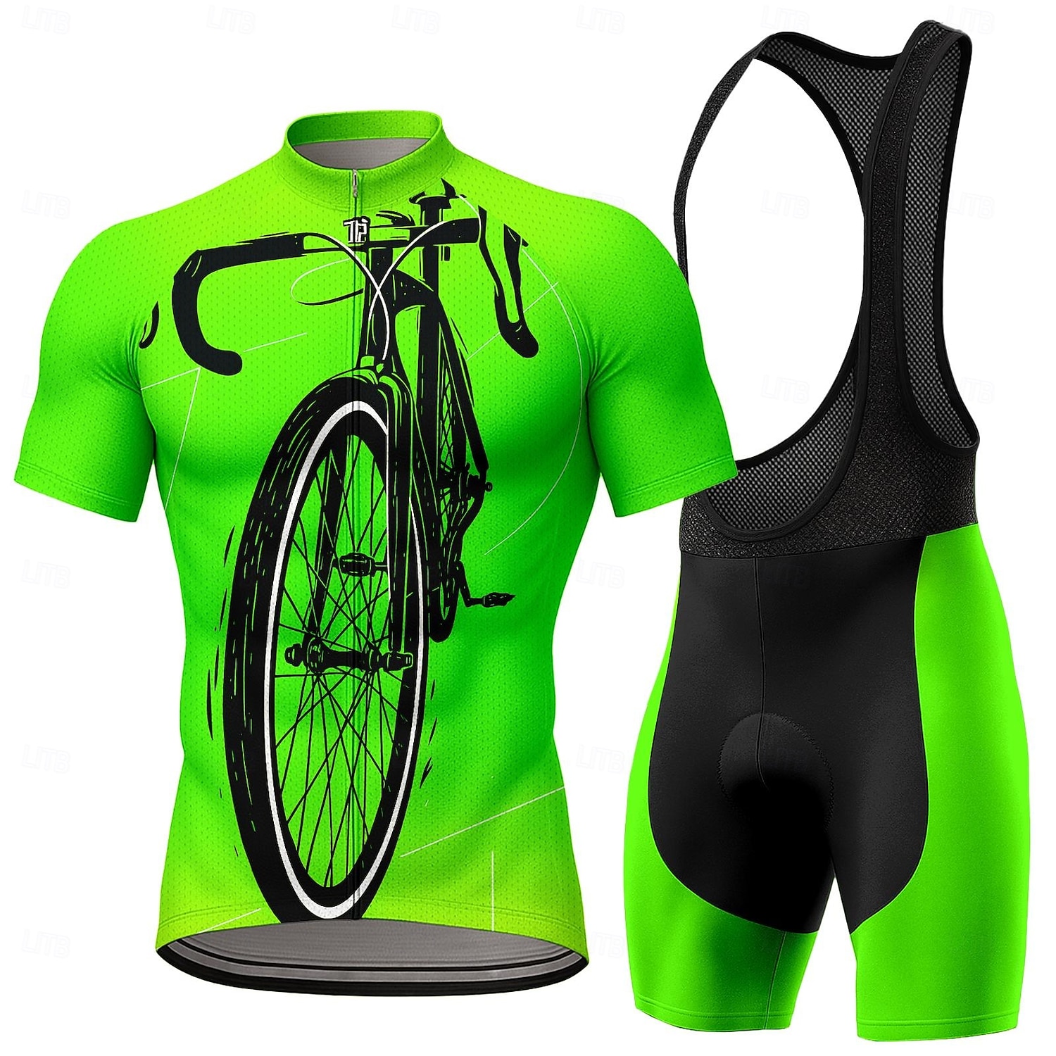 Herre Sykkeljersey med bib-shorts Sykkeltrøyesett Kortermet Fjellsykling Veisykling Sommer Grønn Geometrisk Sykkel Solkrem UV-bestandig 3D Pute Fort Tørring Refleksbånd Spandex Lycra sport Klær 2026 - $49.99 –P1