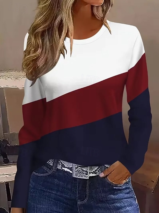 Mujer Camiseta Estampado Graphic Geométrico A Rayas Vintage Moda Elegante Manga Larga Cuello Barco Escote Redondo Tops regulares Diario Fin de semana Azul Piscina Negro Rosa Rojo Verano Primavera 2026 - $24.99 –P1