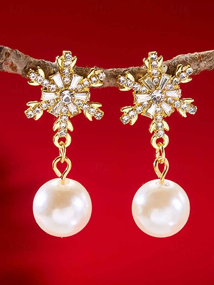 Julesnøfnuggøredobber til dame - legeringsmateriale med krystall- og perledetaljer, elegante høytidssmykker til fester og vinteranledninger 2026 - $9.99 –P11