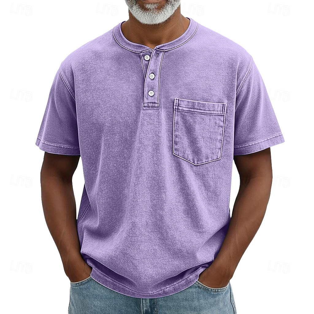 SoftFade™ Heren Henley Shirt 100% Katoen Acid Wash Shirt T shirt Tee Korte Mouw Retro Vintage Casual Button Up Zak Garment Dyed Zomer Lente Herfst Donkerbruin Zwart Roze Henley T-Shirt 2026 - $31.99 –P5