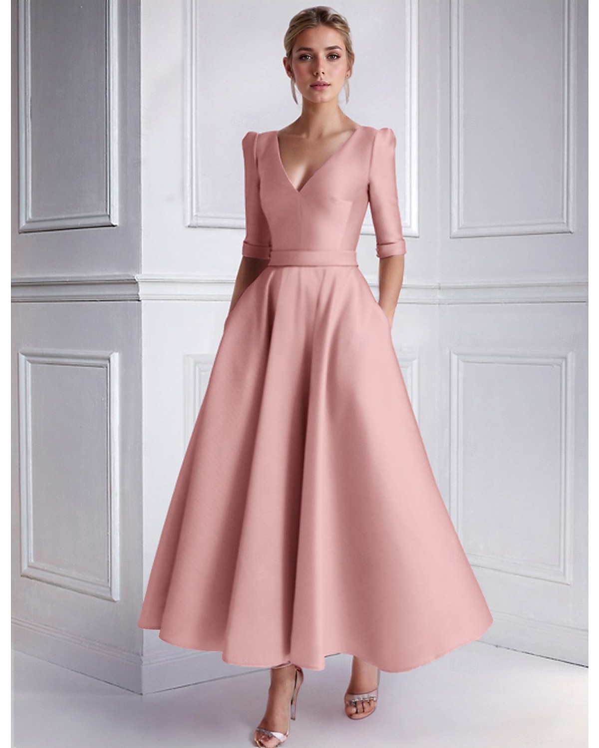 Krój A Lekko nad kolana Sukienka koktajlowa Sukienki imprezowe Elegancja Rękaw 1/2 W serek Formalny Gość weselny Satyna z Kieszeń 2026 - $120.99 –P1