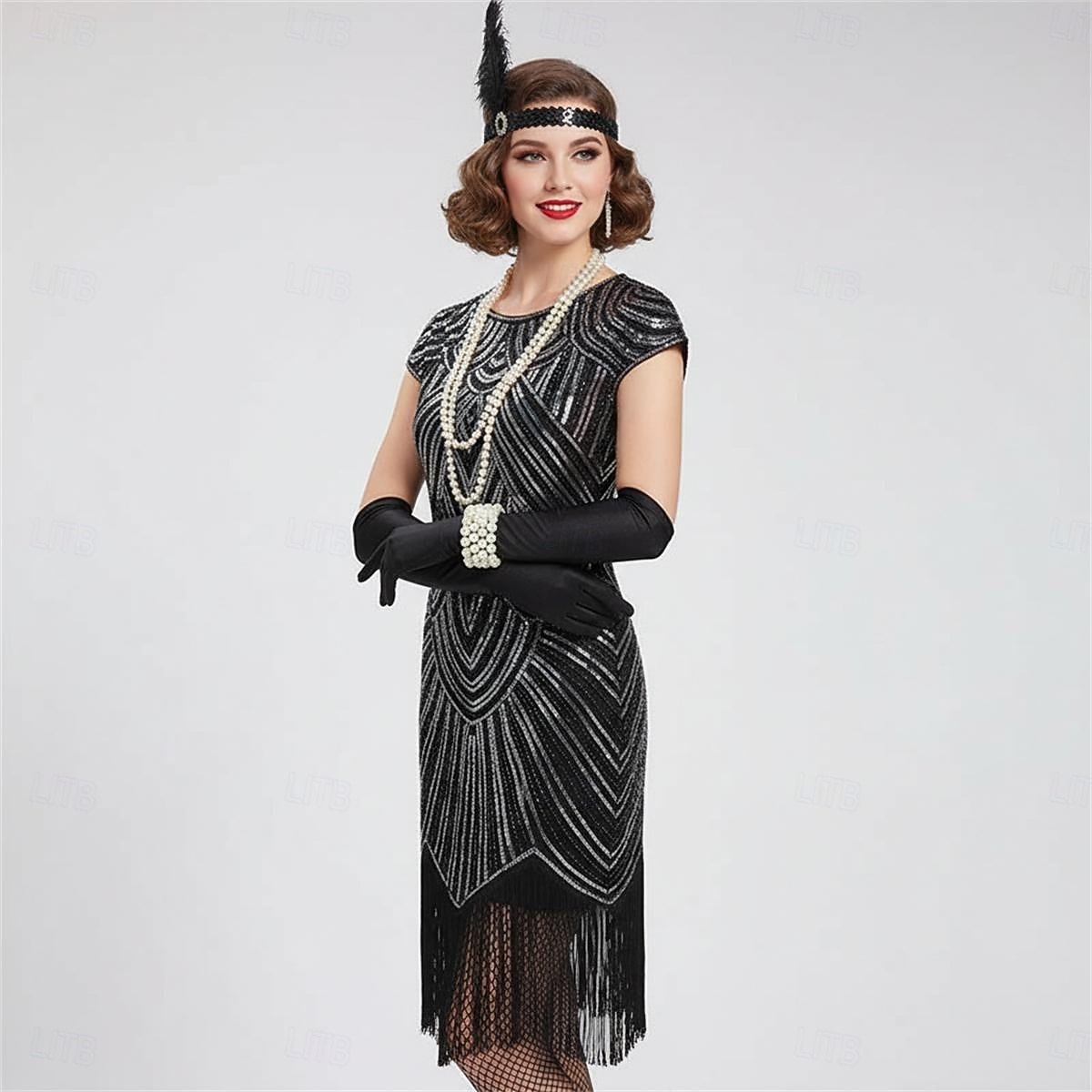 Set Goldene Zwanziger 1920er Knielang Kleid Flapper Kleid Outfits mit Zubehör Cap-Ärmel Der große Gatsby Hochzeitsgast Quastenfransen V Ausschnitt Rundausschnitt Kostüm Damen Karneval Maskerade 2026 - $82.99 –P7