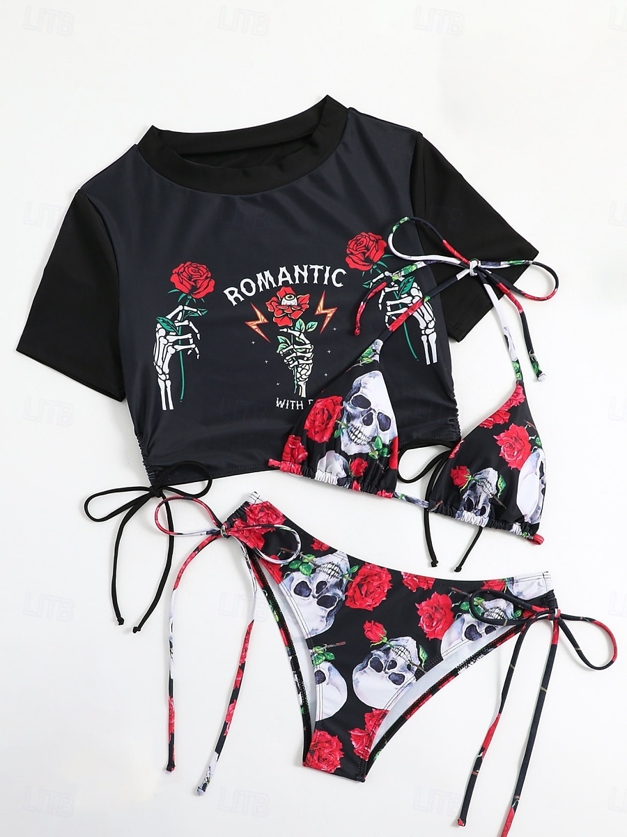 Женский бикини купальник из 3-х предметов юбка стройный без спины для отдыха на пляже череп завязки на шее короткие рукава 2026 - $28.99 –P4