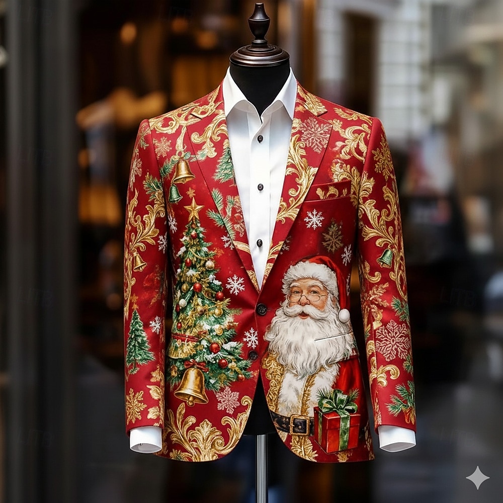 Weihnachten Herren Weihnachtsmann Weihnachtsbaum Blazerjacke Mantel Bequem Künstlerisch Lässig Party-Abendmode Täglich Festival 3D-Druck Knöpfe Herbst Winter Fallendes Revers Langarm Blau Weiß Rote 2026 - $28.99 –P1