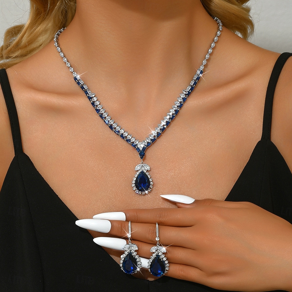 Женский комплект украшений из синего кристалла — элегантное каплевидное ожерелье со стразами и серьги-подвески для вечеринок, вечеров и официальных мероприятий 2026 - $24.99 –P4