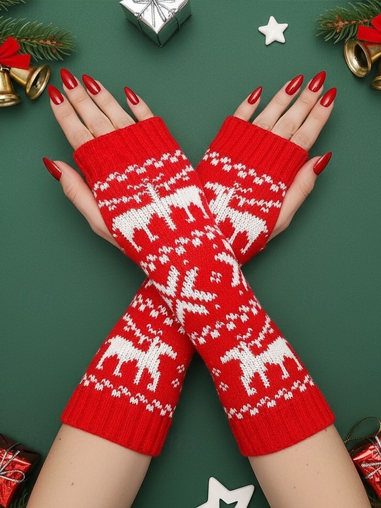 Stickade fingerlösa julvantar för kvinnor, röda och vita Fair Isle-renmönster, julvantar för vinterfester och festliga evenemang 2026 - $7.99 –P2
