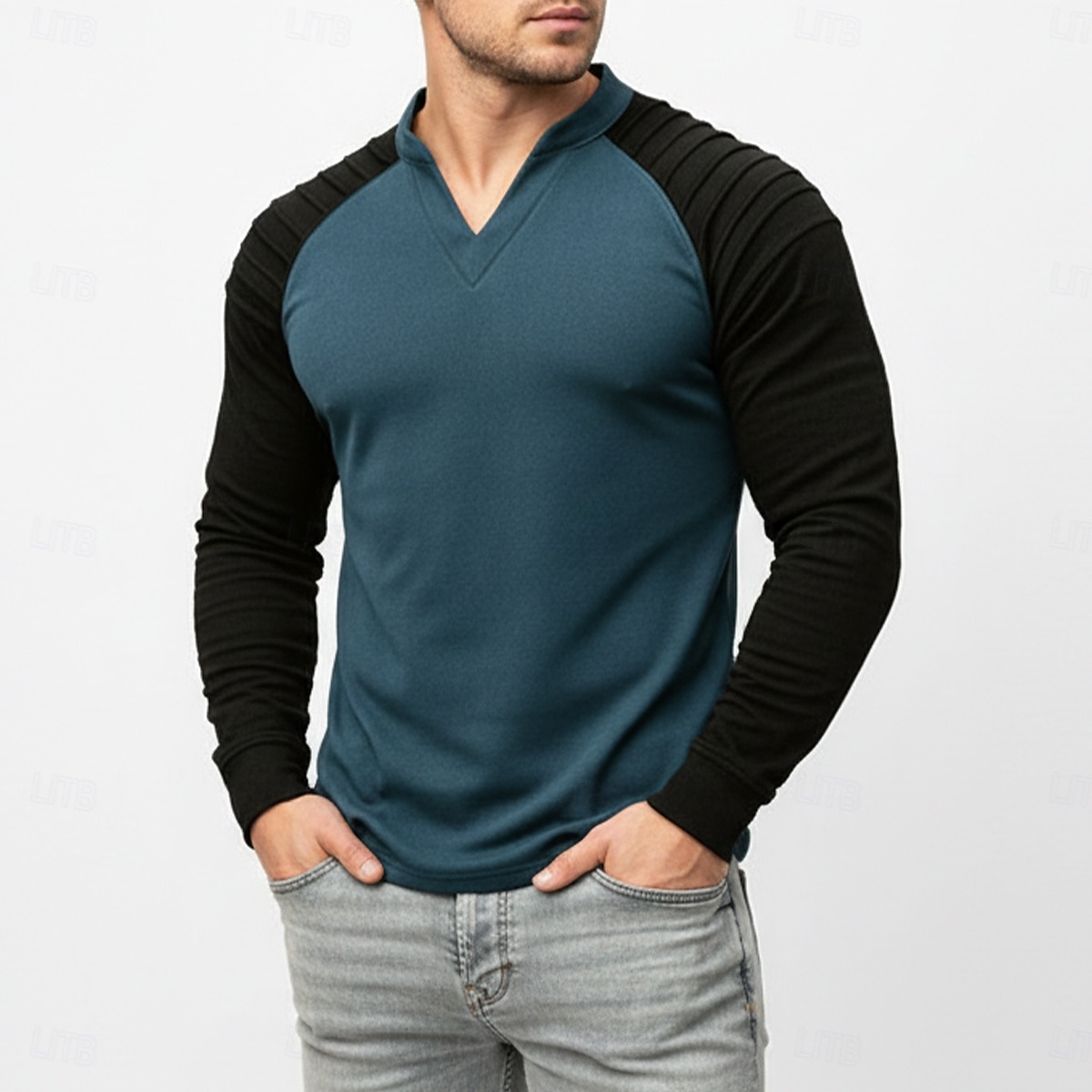 Мужская футболка из искусственной замши с длинным рукавом, V-образным вырезом, складками, плиссировкой, осенне-зимняя, винтажная, повседневная, ретро, с рюшами, цветная, для улицы, повседневная, 2026 - $29.99 –P6